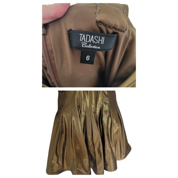 Tadashi Collection Metallic Olive Green Gold Taffeta Silk Fit & Flare US 6 - Picture 4 of 12